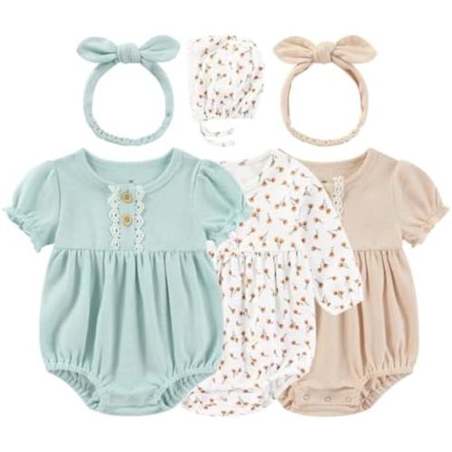 Kiddiezoom Baby Girl Cotton Fresh floral fragments Bubble Romper Cute straps and headscarves