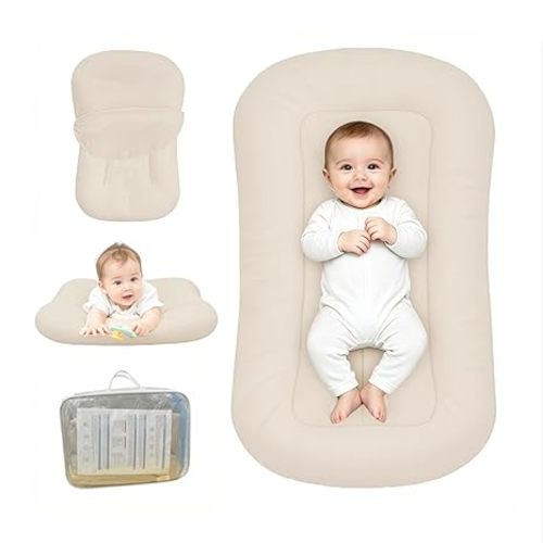 Baby Lounger for Newborn, Bionic Design Baby Lounger, Soft Organic Cotton Breathable Lounger for Infants 0-24 Months (Light Khaki)