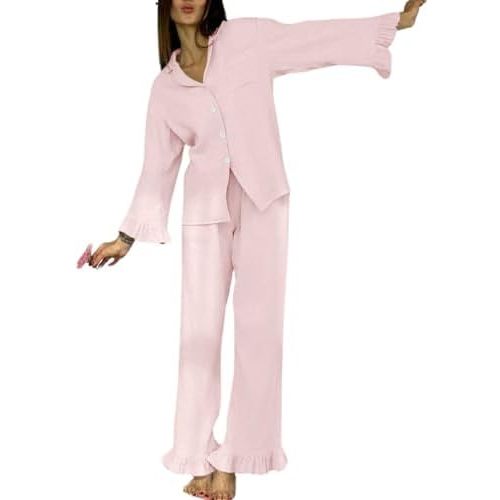 Womens Muslin Pajama Set Cotton Gauze Loungewear 3 Piece Long Sleeve Button Down Sleepwear Ruffle Pj Set