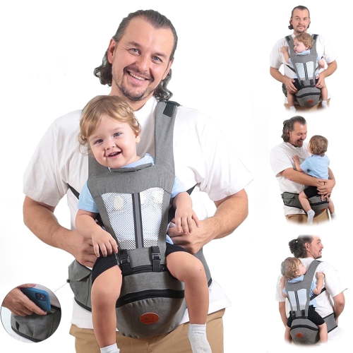 iFanze 6-in-1 Ergonomic Baby Carrier with Hip Seat, Diaper Pocket, Lumbar Support, Up to 50lbs (Gray)