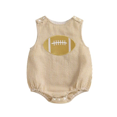 Fuethsuy Newborn Baby Boy Girl Fall Clothes Football Embroidery Romper Striped Sleeveless Smocked Bodysuit Overalls Outfit