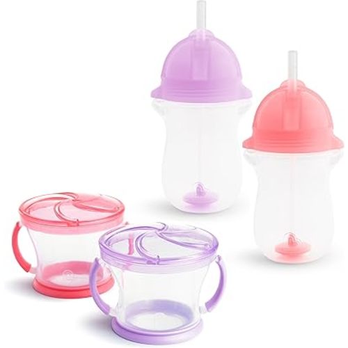 Munchkin Happy Snacker Toddler Cups and Snack Containers - 10oz Any Angle Weighted Straw Cup and 9oz Snack Catchers, Pink/Purple