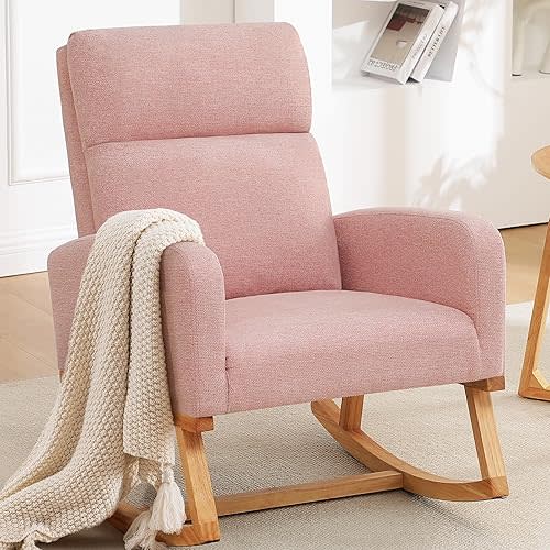 Rocking Chair Nursery - Modern Glider Accent Rocking Chairs Upholstered Linen Nursing Rocker Padded Armchair for Indoor Living Room Bedroom, Pink