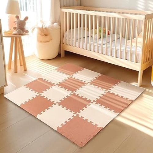 TCBunny Kids Soft EVA Foam Jigsaw Puzzle Play Mat, 18 Interlocking Tiles and Edges Baby Play Mat, for Kids Gym, Nursery, Playroom, Pet Mat, Total Floor Coverage 16 Sq Ft, Pink/Peach