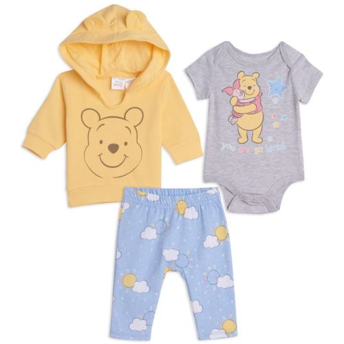 Disney Classics Winnie the Pooh Mickey Mouse Minnie Mouse Hoodie Bodysuit and Pants 3 Piece Outfit Set Newborn to Infant