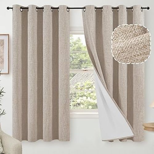 60 Inch Wide Linen Blackout Curtains for Bedroom 63 Inch Length 2 Panels, Total Black Out Thermal Insulated Energy Efficiency Grommet Boho Window Drapes White Liner for Modern Farmhouse, Beige