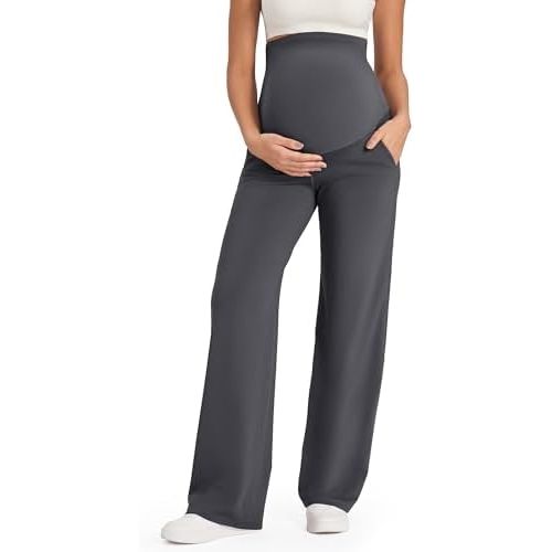 G4Free Maternity Pants Over The Belly Yoga Dress Work Pregnancy Pants Stretchy Lounge Wide Leg Trousers with Pockets
