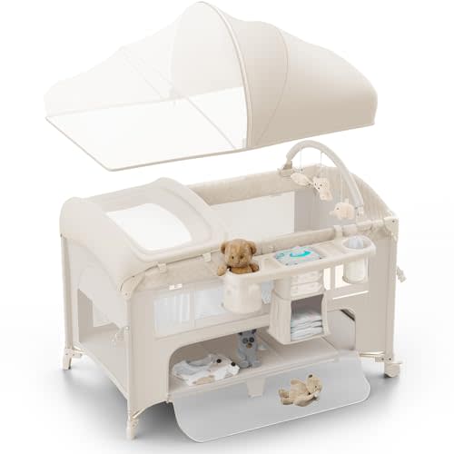 Obee Odee 4 in 1 Baby Bassinet, Pack and Play, Bedside Crib Sleeper, Diaper Changer - Comes with Mattress, Mosquito Net,Bottom Storage and Toy Bar for Newborn to Toddles