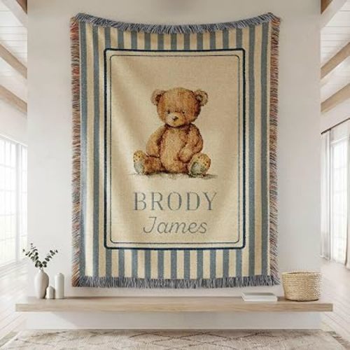Custom Classic Vintage Striped Teddy Bear Woven Blanket, Personalized Name Nursery Throw, Heirloom Toddler Bedding Crib Cover Kids Room Wall Tapestry Keepsake Decoration