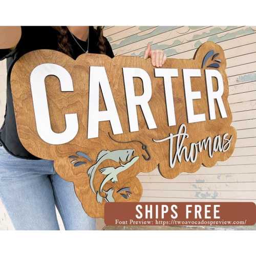 Fish name sign, name sign, large wood name sign, fishing nursery name sign, above crib cut out, layered baby name sign, cut out sign