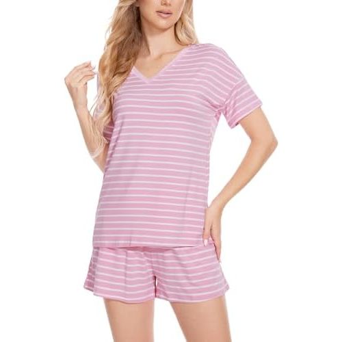 LazyCozy Striped Pajama Set for Women, Viscose Made from Bamboo, Short Sleeve Shirt with Sleep Shorts Soft PJ Set