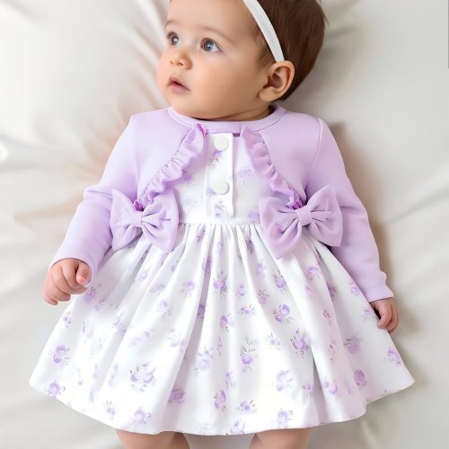Long-sleeve Patchwork Bow-tie Dress Paired with a Cute Headband