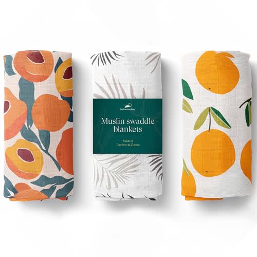 San Francisco Baby Muslin Swaddle Blankets, 3-Pack - Soft Bamboo Rayon and Cotton Receiving Blankets for Boys & Girls - Adorable Fruits Design