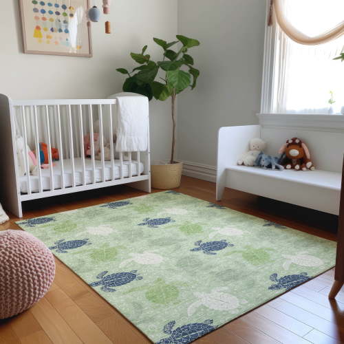 Addison Rugs Mayfield Washable Coastal Turtles Green Rectangle Rug, 5' x 7'6"