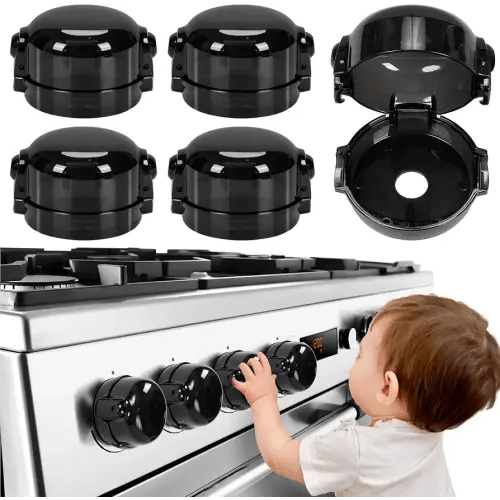 Stove Knob Safety Covers, Unlock with Adult Palm On Two Buttons, Press Gas Stove Knob Locks, Upgraded Oven Lock Knob Covers for Child Safety, Black Color, Pack of 5