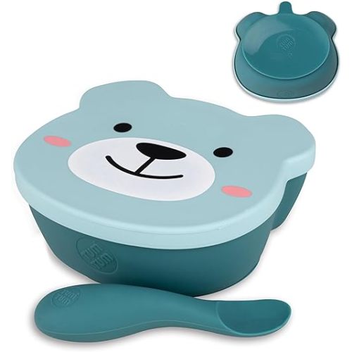 Suction Bowl for Baby, Toddler Bowl with Lid & Spoon, for Babies & Toddlers 6 Months+, BPA Free Silicone Baby Feeding Set, Microwave/Dishwasher/Freezer Safe, Boris Bear, Blue