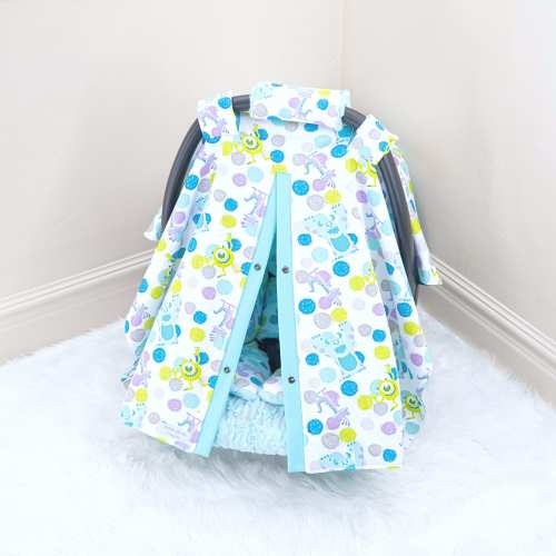 Monsters Inc Baby Boy Car Seat Cover Canopy - Personalized Printed Name - Gift for Newborn Infant - Turquoise Polka Dots - Pixar character