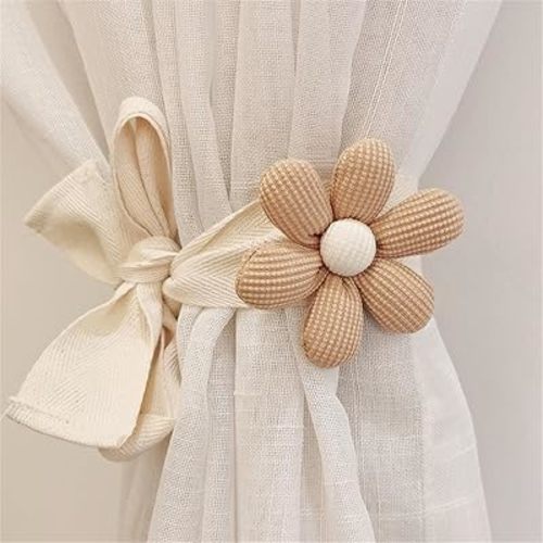 2 Pack Curtain Tiebacks Flower Curtain Ties for Drapes, Cute Cartoon Bears Animal Curtain Ties, Indoor Outdoor Drapes Decor (Khaki Flower)
