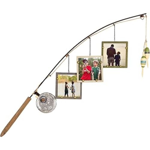 Young's Inc. Wood Fishing Pole Picture Frame Display with Three 4” x 4” Frames - Wall Decor – Hanging Picture Frames