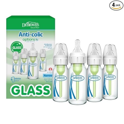 Dr. Brown's Anti-Colic Options+ Narrow Glass Baby Bottle, 4 oz/120mL, 4-Pack