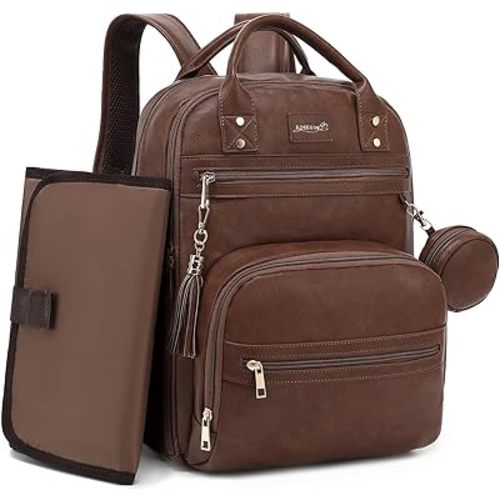 Vegan Leather Diaper Bag Backpack for Boy Girl with Changing Pad and Pacifier Case, Waterproof, Travel Baby Bag Backpack for Mom Dad, Perfect Baby Shower Gifts, Dark Brown
