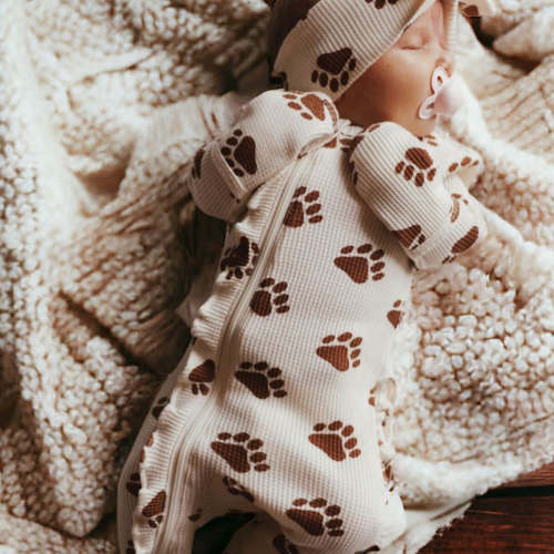 Organic Waffle Ruffle Zip Footie, Bear Paw