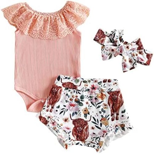 fhutpw Baby Girl Clothes Summer Cute Outfits 3 6 12 18 Months Spaghetti Strap Romper & Floarl Shorts Sets