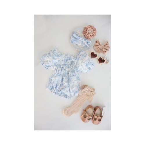 Summer French Toile Romper & Bow Headband, Loveliest Baby Shower Gift, Valentine&#39;s Day, 1st Birthday, Coming Home, Blue and White Newborn