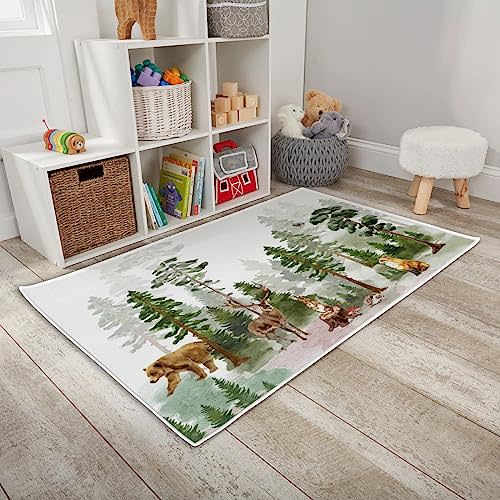 HawSkgFub Baby Toddler Boy Girl Woodland Animals Friends Playroom Area Rug, Bear Deer Fox Pine Trees Non Slip Nursery Play Mat Carpet, Neutral Kids Bedroom Living Room Classroom Decor