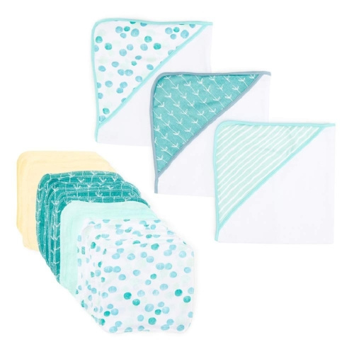 Spasilk Bath Hooded Towels & Washcloths Set for Newborn Infants, 23-Piece Gift Set, Green Dots