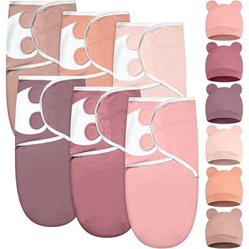 Ramede 6 Pack Baby Swaddle Blanket with Hats Sleep Swaddle for 0-3 Months Newborn Sacks Soft Cotton Wearable for Boy Girl
