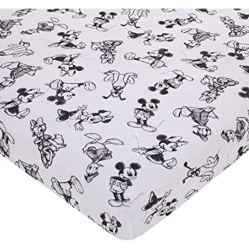Disney Mickey Mouse - Charcoal, Black and White Mickey and Friends, Minnie Mouse, Donald Duck and Pluto Nursery Fitted Mini Crib Sheet