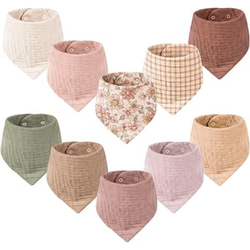 Konssy Muslin Baby Bibs 10 Pack Baby Bandana Drool Bibs 100% Cotton for Unisex Boys Girls
