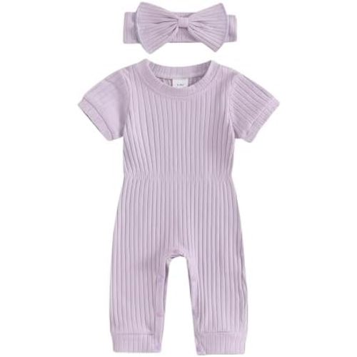 Winioder Newborn Baby Girl Summer Clothes Solid Color Ribbed Short Sleeve Romper Jumpsuit with Headband Coming Home Outfit