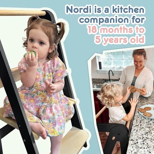 Nordi Foldable Toddler Kitchen Tower,Montessori Kitchen Stools Helper,Standing Tower with 3 Adjustable Heights,Suitable Age for 1.5-6 Years,Black