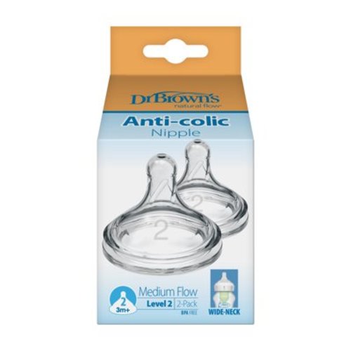 Dr. Brown's Natural Flow Level 2, Wide-Neck Baby Bottle Nipple, Medium Flow, 3m+, 100% Silicone, 2 Pack
