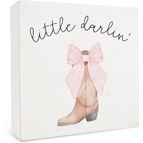 Coquette Preppy Pink Western Cowgirl Boots Wooden Box Sign,Little Darlin Bow Boots Box Sign,Preppy Western Girl Dorm Room Desk Shelf Tabletop Decor,Western Cowgirls Room Decor,5x5 Inch