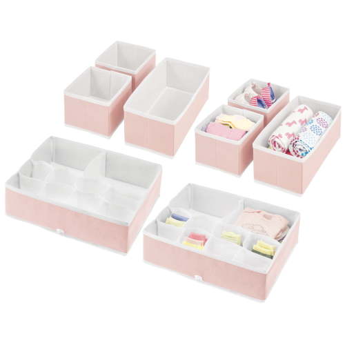 mDesign Fabric Nursery/Playroom Divided Drawer Storage Bin, 2 Pack, Pink/White