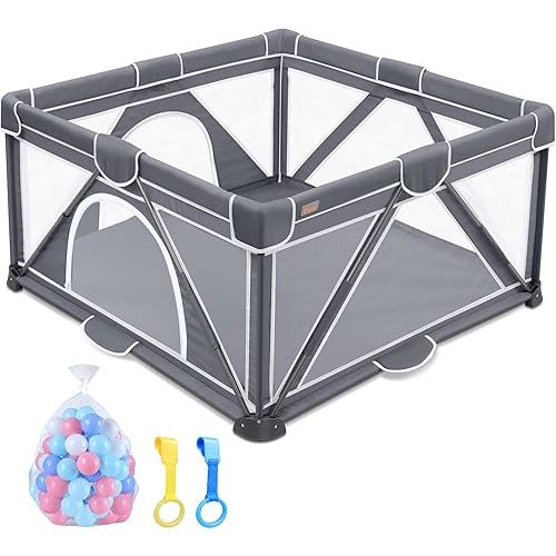 Foldable Baby Playpen, Yobear Playpen for Babies and Toddlers with 50 PCS Ocean Balls & 2 Handles, Indoor & Outdoor Kids Safety Play Pen Area, Portable Travel Play Yard (Black, 50" × 50")