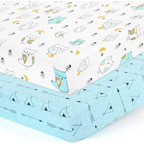 Baby Crib Sheets 2 Pack – Ultra Soft & Stretchy, Fits Standard Crib Mattress (52” x 28”) – Breathable & Wrinkle-Free, Perfect for Boys & Girls, Newborn to Toddler, Durable & Snug Fit Arrow Owl