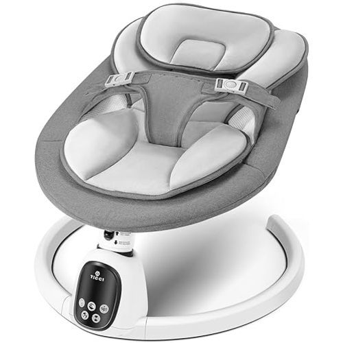 T TICCI Baby Swings for Infants, 5 Speed Bluetooth Baby Bouncer, Motorized Bluetooth Swing, Built-in 3 Timer Settings, Music Speaker, Remote Control, 0-6 Months, Dark Grey