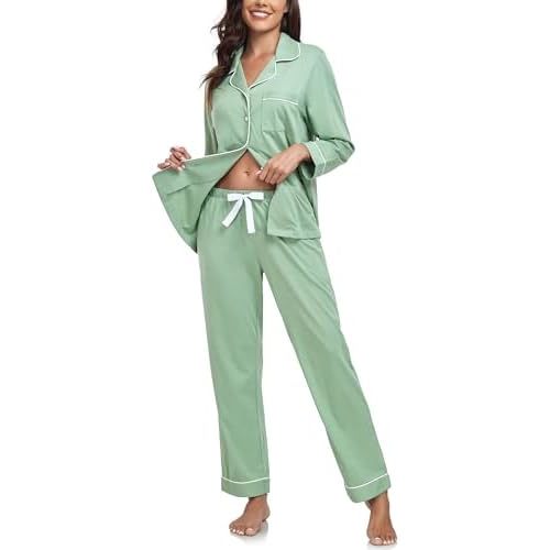 ANLIQI 100% Cotton Pajamas for Women Button Down Pajamas Long Sleeve Top & Pant Sleepwear Loungewear Pj Set with Pocket- medium