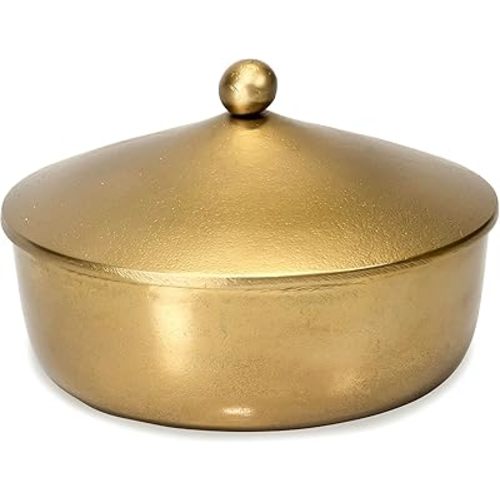 Red Co. 7” Dia Round Antique Decorative Textured Metal Bowl with Dome Knob Lid, Gold