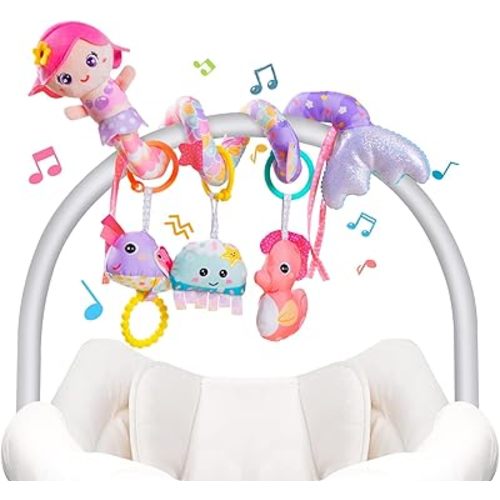 Koty Carseat Toys Hanging, Pink Mermaid Stroller Toys for Babies 0-6 Months, Baby Car Seat Toy with Crinkle, Teether, Music Box, Rattle, BB Squeaker for Babies Boys Girls Gifts (Pink Mermaid)