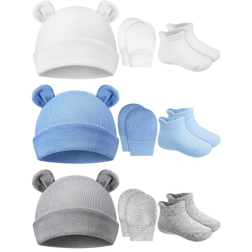 Geyoga Newborn Baby Hat Bear Ears Mittens and Socks Set for 0-6 Month