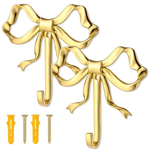 BOHUIZ 2 Pcs Large Size Gold Bow Hooks for Wall, 4.74 x 3.54 Inch Bow Knot Brass Coat Hooks Wall Door Decor Holder Hat Towel Hook for Living Room Bathroom Bedroom Kitchen Decorations