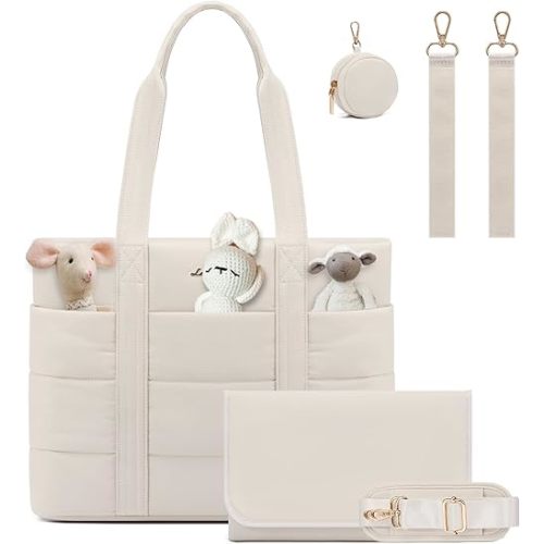 LOVEVOOK Diaper Bag Tote, 15.6inch Puffer Baby Diaper Bag Waterproof Travel Diaper Tote with Changing Pad Pacifier Case