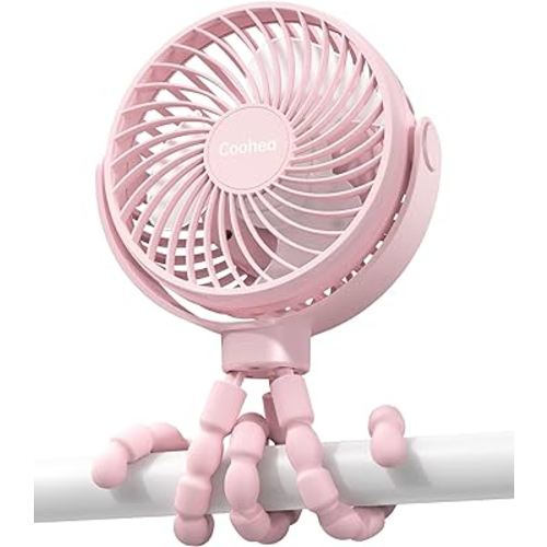Stroller Fan Clip on Baby Fan Battery Operated Portable Fan USB Rechargeable Small Fan, Flexible Tripod for Car Seat Backseat Crib Beach Travel Camping, 360°Rotatable, 3 Wind Speed, Pink