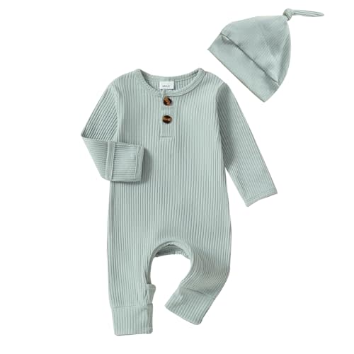 Infant Boys Girls Clothes Set Newborn Baby Romper Hat Ribbed Knit Long Sleeve Button Solid Bodysuit Jumpsuit