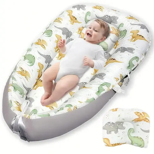 JIFTOK Baby Nests Lounger for Newborn, Snuggle Sleeping Bassinet for 0-24M, Breathable Portable Co Sleeping Bed, Baby Essentials Adjustable Infant Soft Cotton Loungers for Home & Travel -Dinosaurs